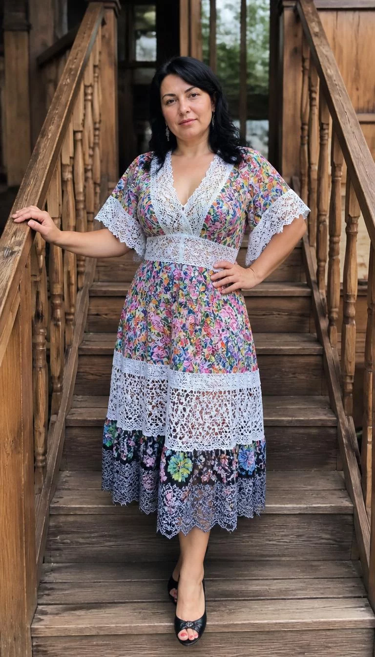Traditional Lace And Printed Dresses A photorealistic full body shot of a 44-year-old Eastern European woman with a pear-shaped face, light, rounded nose, straight eyebrows, and heart-shaped lips. Her face features uneven eyebrows, light freckles, and subtle natural facial asymmetry. She has hooded hazel eyes, soft cheekbones, neutral expression, relaxed. She is average build with varied dark hairstyles hair and is wearing a traditional-style colourful lace and printed dress, standing on wooden stairs, no people in the background, high-quality mobile photography, shot on an iPhone 14.