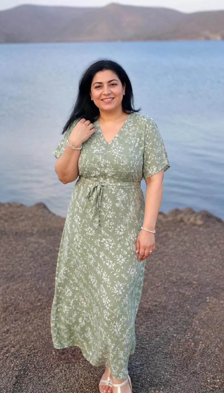 Sage Green Floral Print Dress With Pearl Accessories A photorealistic full body shot of a 42-year-old Middle Eastern woman with a round face, golden brown, upturned nose, thick natural eyebrows, and full lips. Her face features dimples, subtle acne marks, and subtle natural facial asymmetry. She has almond-shaped green eyes, rounded cheeks, subtle smile, cheerful. She is athletic build with dark hair worn down and is wearing a sage green dress with white floral prints, pearl bracelets, and rings, standing against a blurred background of distant water and hills, no people in the background, high-quality mobile photography, shot on an iPhone 14.