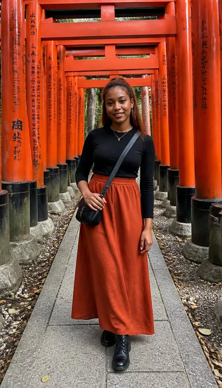 Black Long Sleeved Shirt and Long Terracotta Skirt A photorealistic full body shot of a 30-year-old Black African woman with a oval face, golden brown, aquiline nose, straight eyebrows, and wide lips. Her face features gap between front teeth, faint under-eye shadows, and subtle natural facial asymmetry. She has deep-set brown eyes, rounded cheeks, closed-mouth smile, relaxed. She is slim with auburn hair in a half-up style and is wearing a black long-sleeved shirt, a long terracotta skirt, a crossbody bag, and dark shoes, between Japanese torii gates, no people in the background, high-quality mobile photography, shot on an iPhone 14.