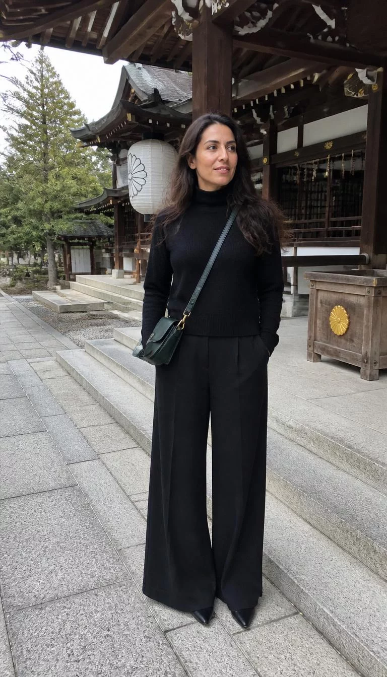 Black Turtleneck Sweatshirt and Wide Leg Trousers with Green Crossbody Bag A photorealistic full body shot of a 44-year-old Middle Eastern woman with a oval face, olive, straight nose, thick natural eyebrows, and full lips. Her face features uneven eyebrows, visible pores, and subtle natural facial asymmetry. She has downturned hazel eyes, high cheekbones, broad smile, thoughtful. She is slim with dark brown long hair in a loose wavy style and is wearing a black turtleneck sweatshirt, wide-leg trousers, and a dark green crossbody bag, at a scenic Japanese temple, no people in the background, high-quality mobile photography, shot on an iPhone 14.