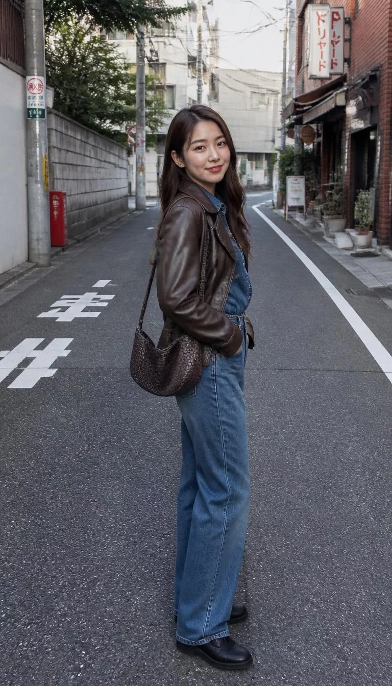 Brown Leather Jacket and Denim Shirt with High Waisted Jeans A photorealistic full body shot of a 24-year-old East Asian woman with a oblong face, fair, upturned nose, softly curved eyebrows, and heart-shaped lips. Her face features dimples, faint under-eye shadows, and subtle natural facial asymmetry. She has almond-shaped blue eyes, pronounced cheekbones, closed-mouth smile, confident. She is petite with dark brown hair and is wearing a brown leather jacket, denim shirt, high-waisted jeans, and a woven bag, on a Japanese street, no people in the background, high-quality mobile photography, shot on an iPhone 14.
