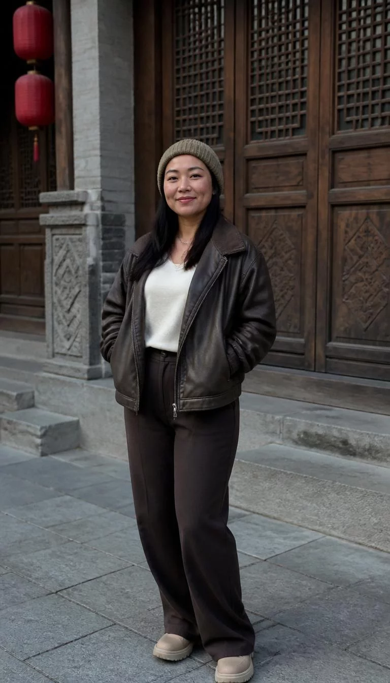 Layered Urban Outfits with Beanies Or Updos A photorealistic full body shot of a 36-year-old East Asian woman with a square face, golden brown, button nose, straight eyebrows, and full lips. Her face features dimples, subtle acne marks, and subtle natural facial asymmetry. She has monolid dark brown eyes, rounded cheeks, closed-mouth smile, confident. She is curvy build with dark hair and is wearing a layered outfit including a jacket, simple top, and trousers with a beanie, in a mix of urban and traditional backgrounds, no people in the background, high-quality mobile photography, shot on an iPhone 14.