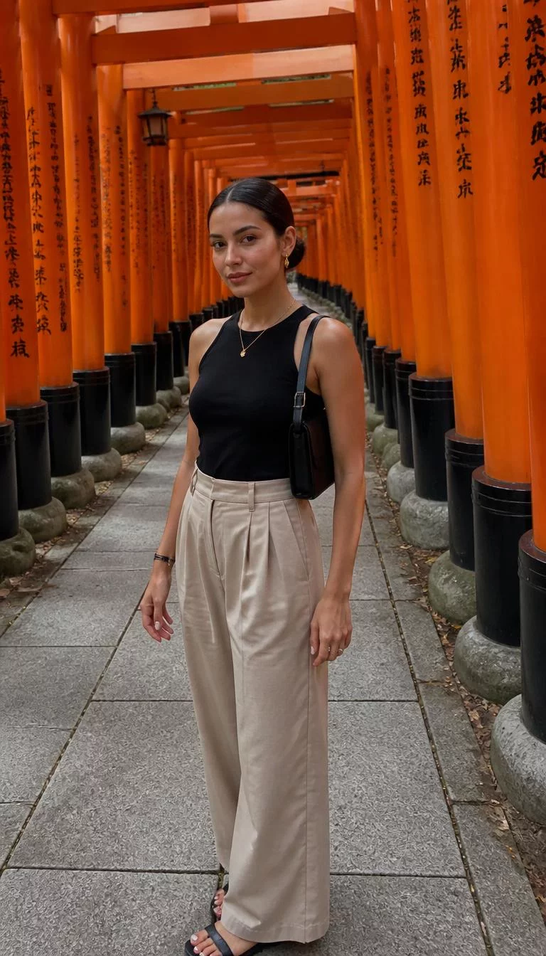 Black Sleeveless Top and Wide Leg Beige Trousers A photorealistic full body shot of a 23-year-old Mixed-race woman with a heart-shaped face, fair, aquiline nose, thick natural eyebrows, and thin lips. Her face features beauty mark near the lip, a few laugh lines, and subtle natural facial asymmetry. She has hooded amber eyes, high cheekbones, subtle smile, confident. She is athletic build with dark brown hair in a sleek low bun and is wearing a black sleeveless top, wide-leg beige trousers, and carries a black purse, in a torii gate path, no people in the background, high-quality mobile photography, shot on an iPhone 14.