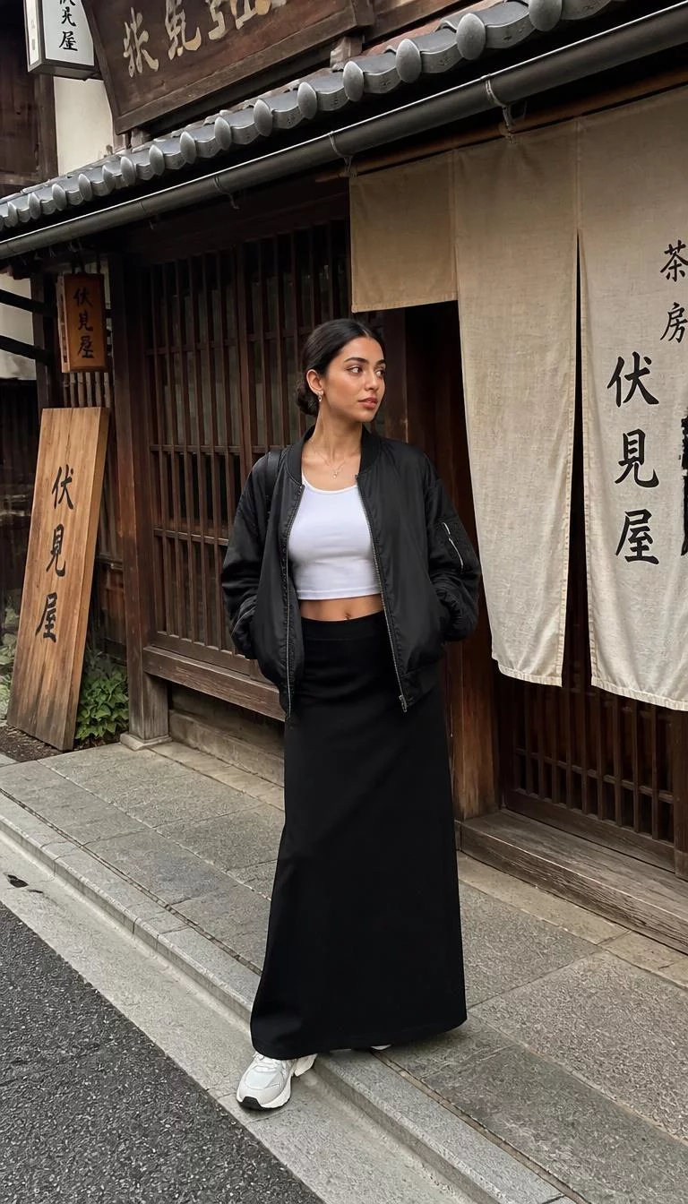 Black Bomber Jacket and White Crop Top with Maxi Skirt A photorealistic full body shot of a 24-year-old Middle Eastern woman with a diamond face, deep brown, straight nose, feathered eyebrows, and thin lips. Her face features widow's peak hairline, slightly flushed cheeks, and subtle natural facial asymmetry. She has monolid brown eyes, pronounced cheekbones, neutral expression, playful. She is slim with dark hair in a sleek bun and is wearing a black bomber jacket over a white crop top and black maxi skirt, before a traditional Japanese wooden storefront, no people in the background, high-quality mobile photography, shot on an iPhone 14.