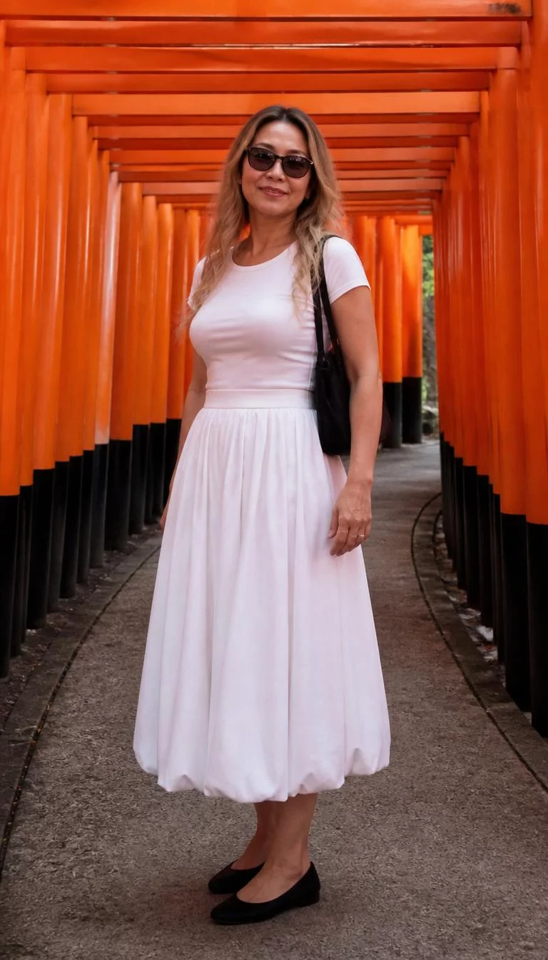 White T-Shirt and Midi Bubble Skirt amidst Orange Shrine Gates A photorealistic full body shot of a 49-year-old East Asian woman with a oval face, olive, aquiline nose, thin arched eyebrows, and thin lips. Her face features slightly crooked smile, a few laugh lines, and subtle natural facial asymmetry. She has deep-set green eyes, rounded cheeks, closed-mouth smile, confident. She is curvy build with blonde wavy hair and is wearing an all-white outfit featuring a fitted t-shirt and midi bubble skirt, with a black bag, sunglasses, and flats, amidst orange shrine gates, no people in the background, high-quality mobile photography, shot on an iPhone 14.