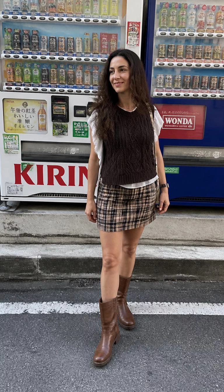 White Ruffled Sleeve Top and Dark Brown Knitted Vest with Plaid Mini Skirt A photorealistic full body shot of a 38-year-old Middle Eastern woman with a diamond face, fair, straight nose, thin arched eyebrows, and wide lips. Her face features uneven eyebrows, a few laugh lines, and subtle natural facial asymmetry. She has hooded blue eyes, soft cheekbones, broad smile, thoughtful. She is petite with dark brown long wavy hair and is wearing a white ruffled-sleeve top under a dark brown knitted vest, a plaid mini skirt, and brown boots, before Japanese vending machines, no people in the background, high-quality mobile photography, shot on an iPhone 14.