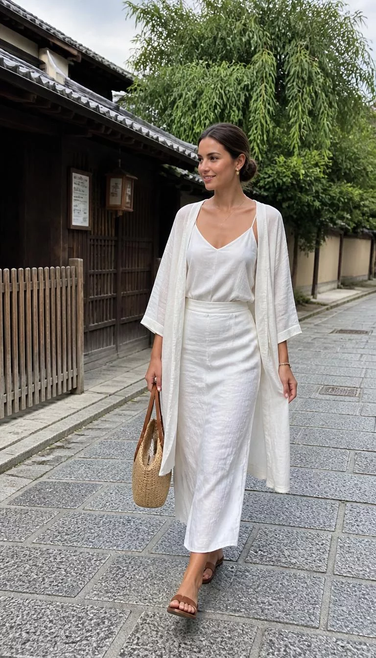 White Camisole and Linen Midi Skirt with Light Kimono A photorealistic full body shot of a 27-year-old Northern European woman with a diamond face, light, narrow nose, straight eyebrows, and thin lips. Her face features faint freckles across the nose, visible pores, and subtle natural facial asymmetry. She has almond-shaped brown eyes, pronounced cheekbones, broad smile, confident. She is slim with brunette hair in a low messy bun and is wearing a white camisole, matching white linen midi skirt, and light white kimono, walking down a Japanese stone street with a straw bag, no people in the background, high-quality mobile photography, shot on an iPhone 14.