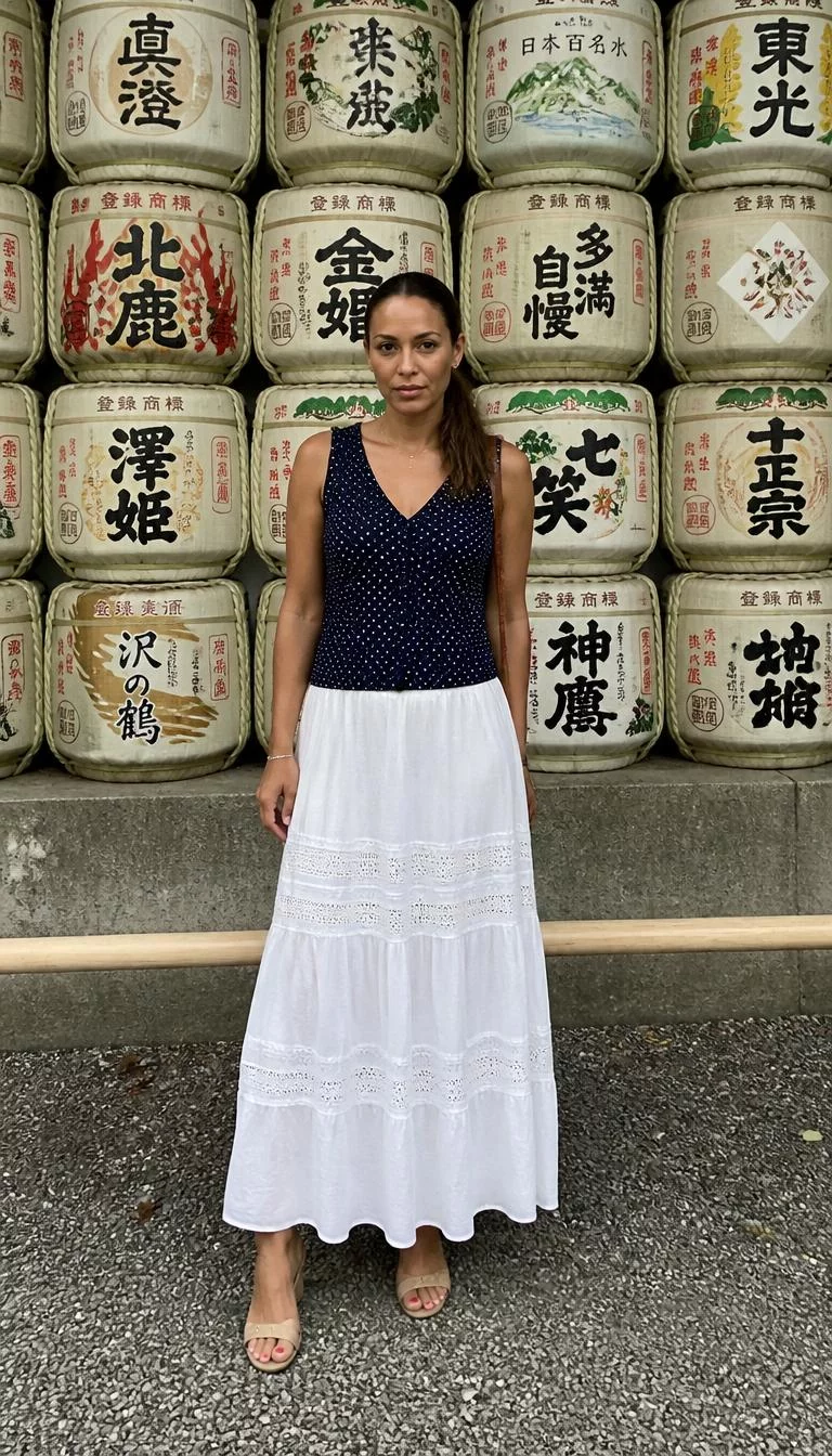 Sleeveless Navy Polka Dot Top and White Maxi Skirt A photorealistic full body shot of a 35-year-old Mixed-race woman with a square face, golden brown, straight nose, thick natural eyebrows, and thin lips. Her face features uneven eyebrows, slightly flushed cheeks, and subtle natural facial asymmetry. She has round blue eyes, soft cheekbones, neutral expression, confident. She is slim with brown hair in a low ponytail and is wearing a sleeveless navy polka-dot top and a white maxi skirt, before a wall of stacked Japanese sake barrels, no people in the background, high-quality mobile photography, shot on an iPhone 14.