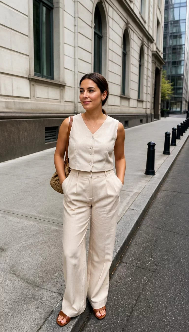 Minimalist Summer Street Style in a Low Bun A photorealistic full body shot of a 35-year-old Latina woman with a oval face, olive, button nose, softly curved eyebrows, and thin lips. Her face features dimples, slightly flushed cheeks, and subtle natural facial asymmetry. She has hooded blue eyes, high cheekbones, neutral expression, cheerful. She is petite with brunette hair in a chic low bun and is wearing minimalist summer street-style clothing including a chic neutral top and trousers, against urban cityscapes, no people in the background, high-quality mobile photography, shot on an iPhone 14.