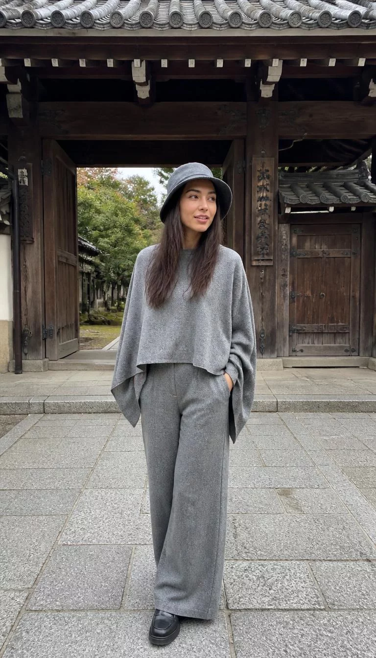 Gray Bucket Hat and Matching Cape Sweater with Wide Leg Trousers A photorealistic full body shot of a 34-year-old Latina woman with a oblong face, fair, narrow nose, softly curved eyebrows, and wide lips. Her face features gap between front teeth, light freckles, and subtle natural facial asymmetry. She has deep-set green eyes, soft cheekbones, broad smile, thoughtful. She is slim with dark brown long straight hair and is wearing a gray bucket hat, matching gray cape sweater, and gray wide-leg trousers, before the traditional wooden gate of a serene Japanese temple, no people in the background, high-quality mobile photography, shot on an iPhone 14.