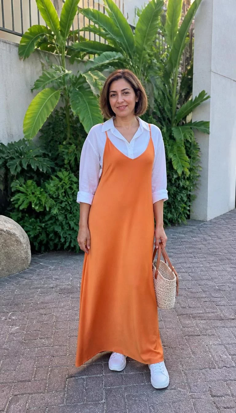 White Blouse under Orange Maxi Slip Dress with Sneakers A photorealistic full body shot of a 46-year-old Middle Eastern woman with a heart-shaped face, tan, button nose, thin arched eyebrows, and wide lips. Her face features gap between front teeth, subtle acne marks, and subtle natural facial asymmetry. She has hooded amber eyes, pronounced cheekbones, closed-mouth smile, relaxed. She is curvy build with brown chin-length bob hair and is wearing a white blouse under an orange maxi slip dress, with white sneakers and a small woven handbag, outdoors, no people in the background, high-quality mobile photography, shot on an iPhone 14.