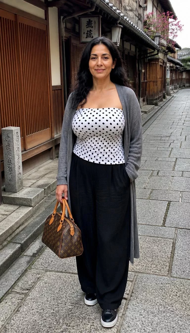 White Polka Dot Tube Top and Loose Black Trousers with Gray Cardigan A photorealistic full body shot of a 46-year-old Middle Eastern woman with a pear-shaped face, dark brown, upturned nose, feathered eyebrows, and thin lips. Her face features gap between front teeth, a few laugh lines, and subtle natural facial asymmetry. She has monolid green eyes, high cheekbones, neutral expression, cheerful. She is curvy build with long black wavy hair and is wearing a white polka-dot tube top, loose black trousers, a draped gray cardigan, and a designer handbag, in a traditional Japanese street, no people in the background, high-quality mobile photography, shot on an iPhone 14.