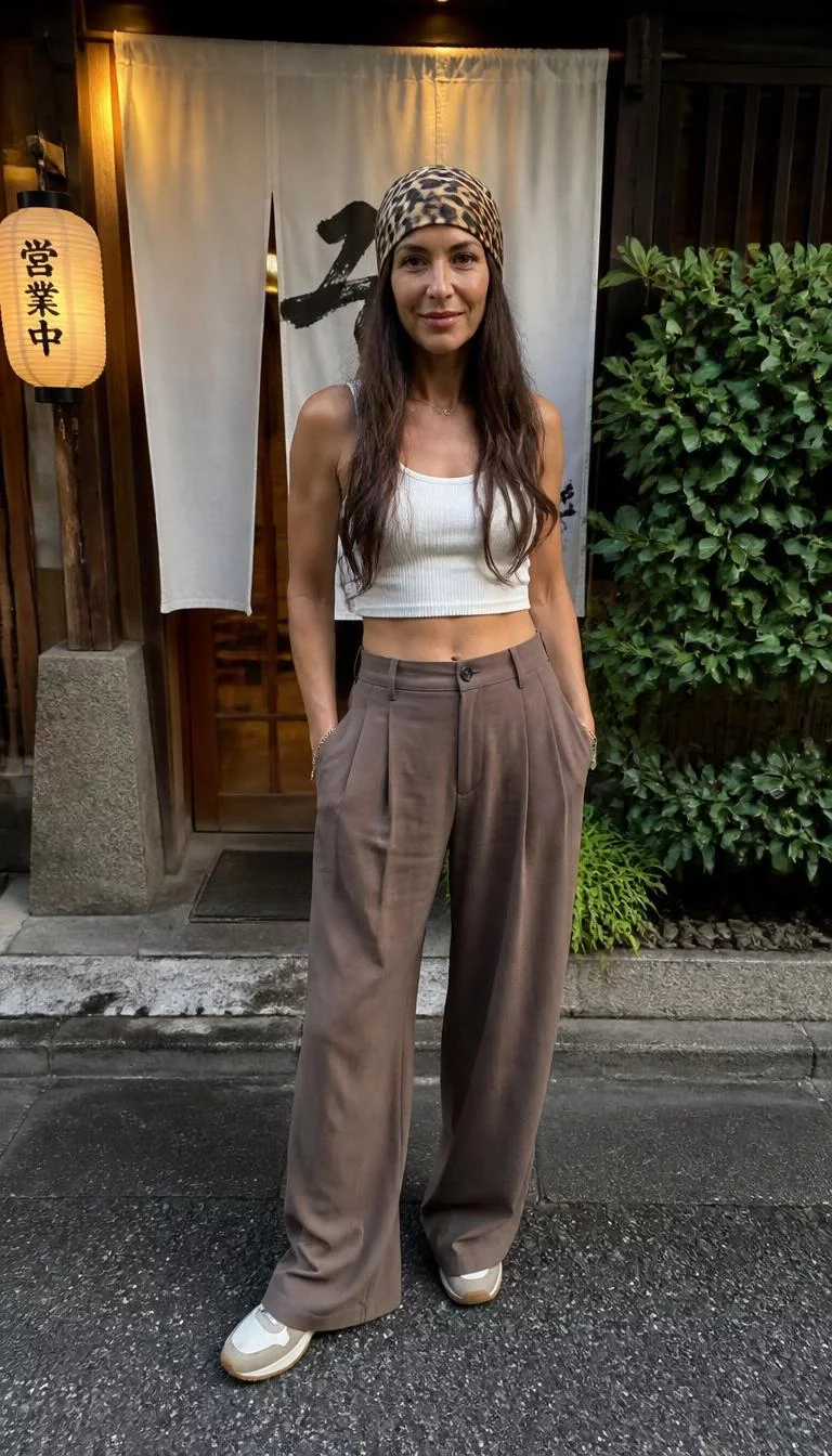 Leopard Print Headscarf and White Crop Top with Brown Trousers A photorealistic full body shot of a 45-year-old Eastern European woman with a oval face, olive, narrow nose, feathered eyebrows, and thin lips. Her face features gap between front teeth, light freckles, and subtle natural facial asymmetry. She has almond-shaped brown eyes, pronounced cheekbones, closed-mouth smile, confident. She is petite with chestnut-brown long hair and is wearing a leopard-print headscarf, white crop top, and brown trousers, outside a Japanese-style cafe entrance with a Noren curtain, no people in the background, high-quality mobile photography, shot on an iPhone 14.