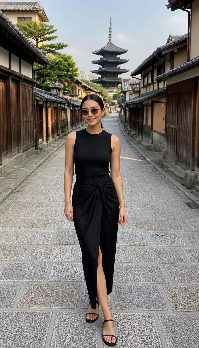 Black Sleeveless Top and Tied Maxi Skirt with Sandals A photorealistic full body shot of a 29-year-old East Asian woman with a heart-shaped face, olive, aquiline nose, softly curved eyebrows, and thin lips. Her face features slightly crooked smile, slightly flushed cheeks, and subtle natural facial asymmetry. She has deep-set gray eyes, soft cheekbones, closed-mouth smile, playful. She is athletic build with dark center-parted hair in a sleek low ponytail and is wearing a black sleeveless top, a tied black maxi skirt, and sandals, with sunglasses, on a Kyoto stone street, no people in the background, high-quality mobile photography, shot on an iPhone 14.