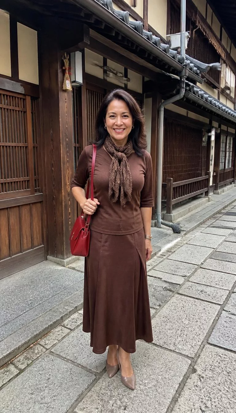 Brown Top and Skirt with Neck Scarf and Red Bag A photorealistic full body shot of a 48-year-old Latina woman with a round face, fair, upturned nose, thick natural eyebrows, and wide lips. Her face features uneven eyebrows, light freckles, and subtle natural facial asymmetry. She has almond-shaped blue eyes, pronounced cheekbones, broad smile, cheerful. She is slim with dark brown shoulder-length hair styled in soft waves and is wearing a brown top, matching brown skirt, neck scarf, and carries a red leather bag, before a traditional Japanese building, no people in the background, high-quality mobile photography, shot on an iPhone 14.