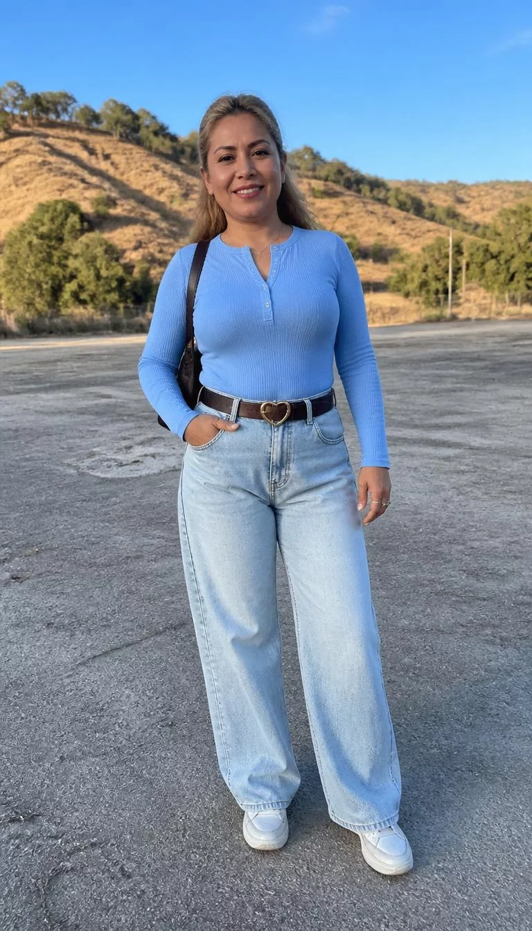 Light Blue Henley Sweater And Loose Light Wash Denim Jeans A photorealistic full body shot of a 43-year-old Latina woman with a round face, olive, broad nose, thin arched eyebrows, and wide lips. Her face features small scar on the eyebrow, visible pores, and subtle natural facial asymmetry. She has downturned blue eyes, high cheekbones, subtle smile, cheerful. She is petite with brownish-blonde hair pulled at the sides hair and is wearing a light blue henley sweater, loose light-wash denim jeans, a brown heart-buckle belt, and a small dark shoulder bag, outdoors, no people in the background, high-quality mobile photography, shot on an iPhone 14.