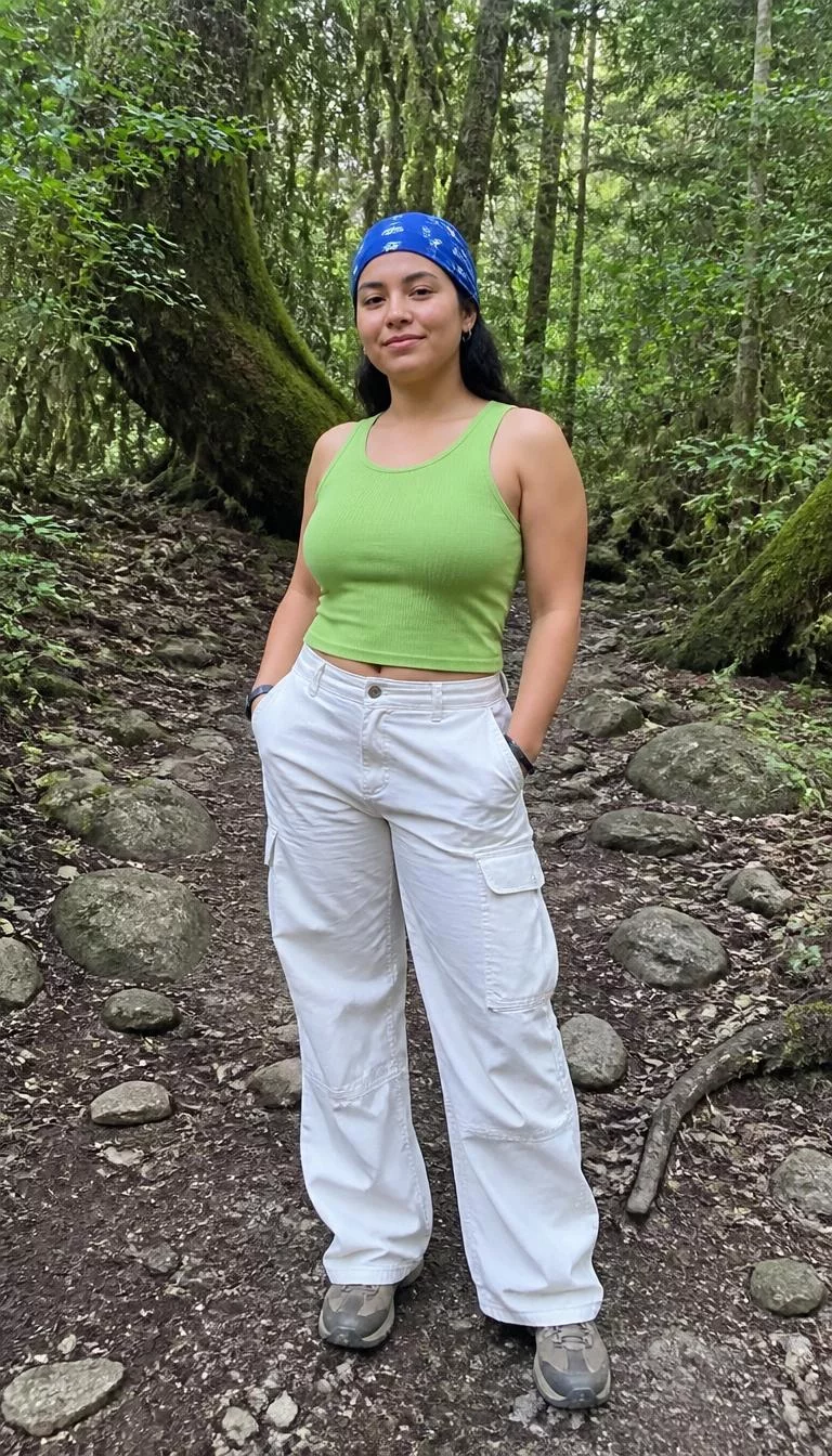 Lime Green Tank And White Cargo Pants A photorealistic full body shot of a 28-year-old Middle Eastern woman with a square face, fair, broad nose, thick natural eyebrows, and full lips. Her face features dimples, a few laugh lines, and subtle natural facial asymmetry. She has monolid amber eyes, rounded cheeks, closed-mouth smile, relaxed. She is athletic build with a blue bandana and is wearing a lime green tank and white cargo pants, in a forest, no people in the background, high-quality mobile photography, shot on an iPhone 14.