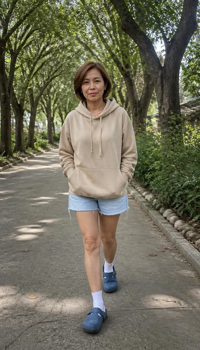 Beige Oversized Hoodie And Denim Cutoff Shorts A photorealistic full body shot of a 49-year-old Southeast Asian woman with a oval face, deep brown, aquiline nose, thin arched eyebrows, and heart-shaped lips. Her face features faint freckles across the nose, subtle acne marks, and subtle natural facial asymmetry. She has deep-set green eyes, rounded cheeks, neutral expression, relaxed. She is petite with short brown hair and is wearing a beige oversized hoodie with light denim cutoff shorts, white socks, and blue suede clogs, strolling on a tree-lined path, no people in the background, high-quality mobile photography, shot on an iPhone 14.