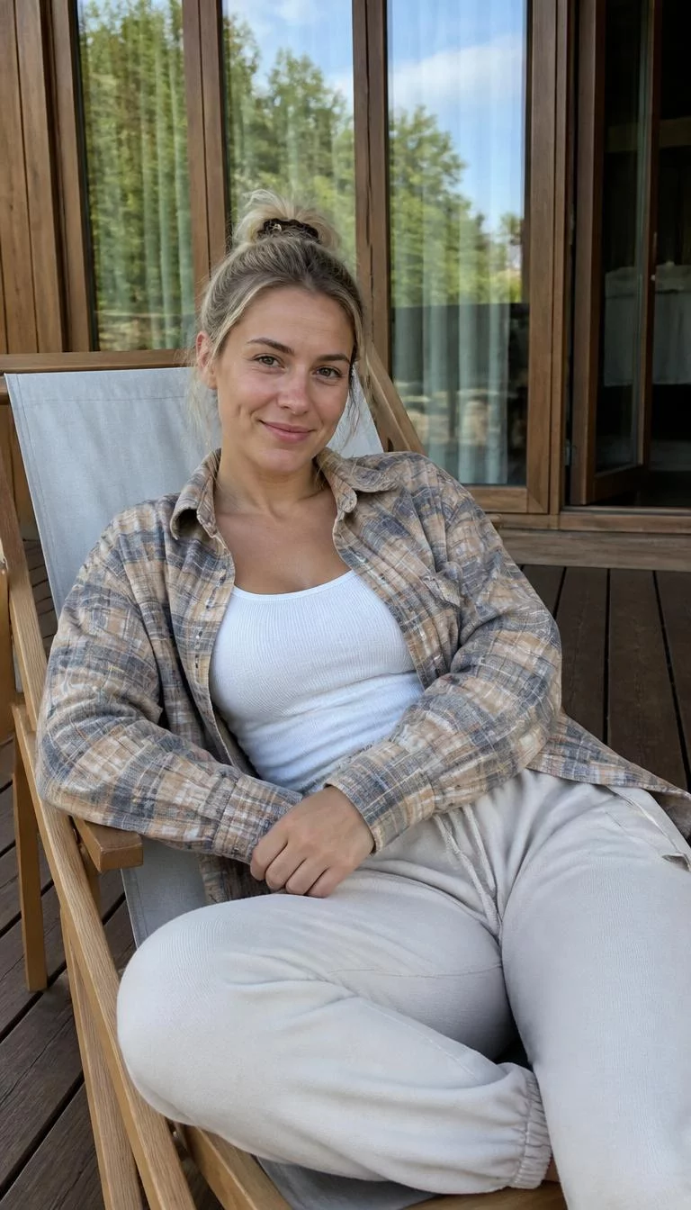 Tan Flannel Shirt And Cream Sweatpants A photorealistic full body shot of a 32-year-old Eastern European woman with a heart-shaped face, fair, aquiline nose, straight eyebrows, and thin lips. Her face features small scar on the eyebrow, faint under-eye shadows, and subtle natural facial asymmetry. She has deep-set hazel eyes, soft cheekbones, broad smile, relaxed. She is curvy build with blonde hair styled in a claw clip and is wearing a tan flannel shirt over a white tank top and cream-colored sweatpants, sitting in a wooden deck chair, no people in the background, high-quality mobile photography, shot on an iPhone 14.