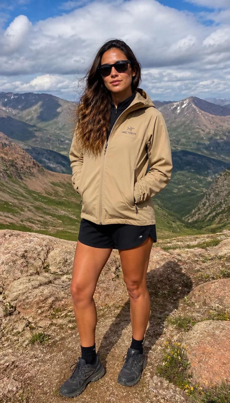 Tan Hooded Jacket Over Black Top And Shorts A photorealistic full body shot of a 34-year-old Latina woman with a oblong face, golden brown, aquiline nose, straight eyebrows, and full lips. Her face features slightly crooked smile, faint under-eye shadows, and subtle natural facial asymmetry. She has monolid hazel eyes, rounded cheeks, neutral expression, relaxed. She is slim with long, wavy brown hair and is wearing a tan Arc'teryx hooded jacket over a black top and black shorts, she wears black sunglasses, in an outdoor mountain setting, no people in the background, high-quality mobile photography, shot on an iPhone 14.