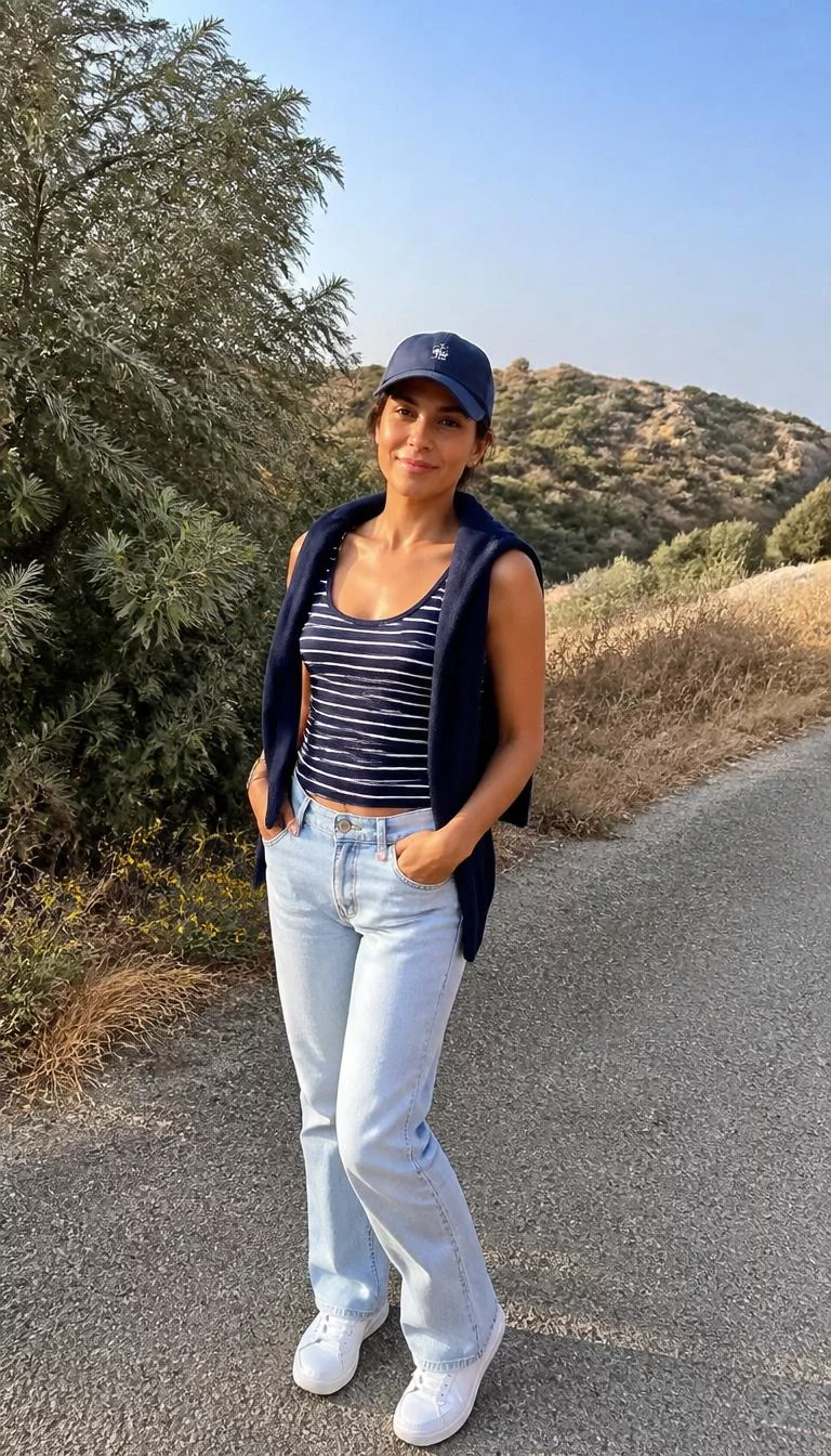 Navy Striped Tank Top And Light Jeans With Draped Navy Sweater A photorealistic full body shot of a 37-year-old Middle Eastern woman with a oblong face, golden brown, narrow nose, thin arched eyebrows, and full lips. Her face features widow's peak hairline, visible pores, and subtle natural facial asymmetry. She has round dark brown eyes, pronounced cheekbones, broad smile, confident. She is petite with wavy brown hair hidden by a navy baseball cap hair and is wearing a navy striped tank top, light jeans, and a navy sweater draped over her shoulders, outdoors, no people in the background, high-quality mobile photography, shot on an iPhone 14.
