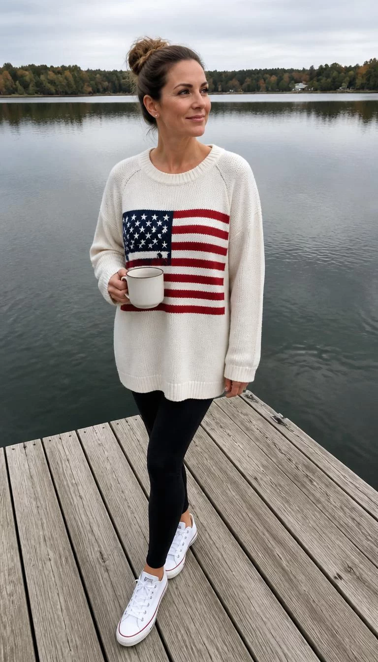 White Oversized US Flag Sweater On The Dock A photorealistic full body shot of a 44-year-old Mediterranean woman with a pear-shaped face, light, upturned nose, thin arched eyebrows, and thin lips. Her face features widow's peak hairline, faint under-eye shadows, and subtle natural facial asymmetry. She has downturned blue eyes, soft cheekbones, broad smile, thoughtful. She is slim with brownish-blonde hair in a bun and is wearing a white oversized sweater featuring a US flag pattern, she holds a coffee mug, white Retro Canvas Sneakers, on a lake dock, no people in the background, high-quality mobile photography, shot on an iPhone 14.