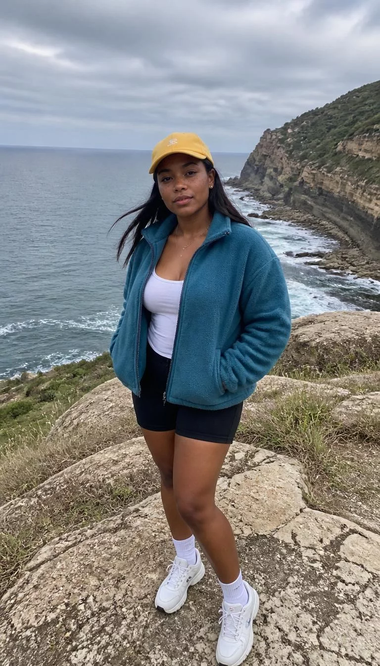 Teal Fleece Zip Up And Black Bike Shorts A photorealistic full body shot of a 29-year-old Afro-Caribbean woman with a oblong face, dark brown, broad nose, thick natural eyebrows, and full lips. Her face features widow's peak hairline, light freckles, and subtle natural facial asymmetry. She has upturned gray eyes, rounded cheeks, neutral expression, playful. She is average build with long hair under a yellow baseball cap and is wearing a teal fleece zip-up jacket over a white tank and black bike shorts, standing before a coastal cliff, no people in the background, high-quality mobile photography, shot on an iPhone 14.