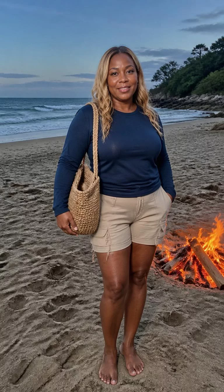 Navy Blue Long Sleeved Top And Beige Cargo Shorts A photorealistic full body shot of a 44-year-old Black African woman with a round face, fair, straight nose, thin arched eyebrows, and wide lips. Her face features gap between front teeth, light freckles, and subtle natural facial asymmetry. She has deep-set gray eyes, soft cheekbones, closed-mouth smile, relaxed. She is petite with blonde wavy hair and is wearing a navy blue long-sleeved top, beige cargo shorts, and she carries a large woven straw bag, by a beach bonfire, no people in the background, high-quality mobile photography, shot on an iPhone 14.