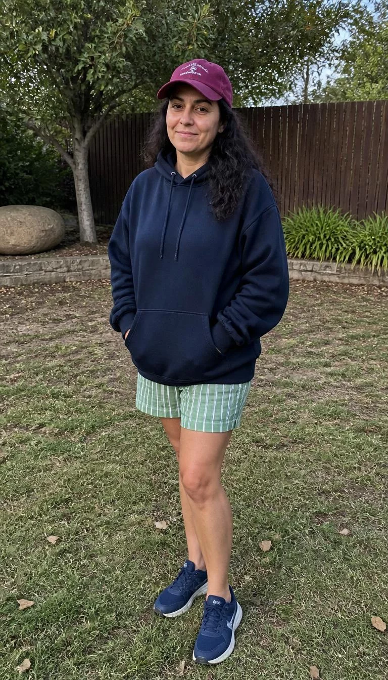 Navy Oversized Hoodie And Striped Green Shorts A photorealistic full body shot of a 40-year-old Southern European woman with a pear-shaped face, tan, rounded nose, straight eyebrows, and wide lips. Her face features widow's peak hairline, visible pores, and subtle natural facial asymmetry. She has downturned gray eyes, rounded cheeks, subtle smile, relaxed. She is petite with wavy dark brown hair under a maroon baseball cap and is wearing a navy oversized hoodie, striped green shorts, and blue sneakers, standing in a yard, no people in the background, high-quality mobile photography, shot on an iPhone 14.