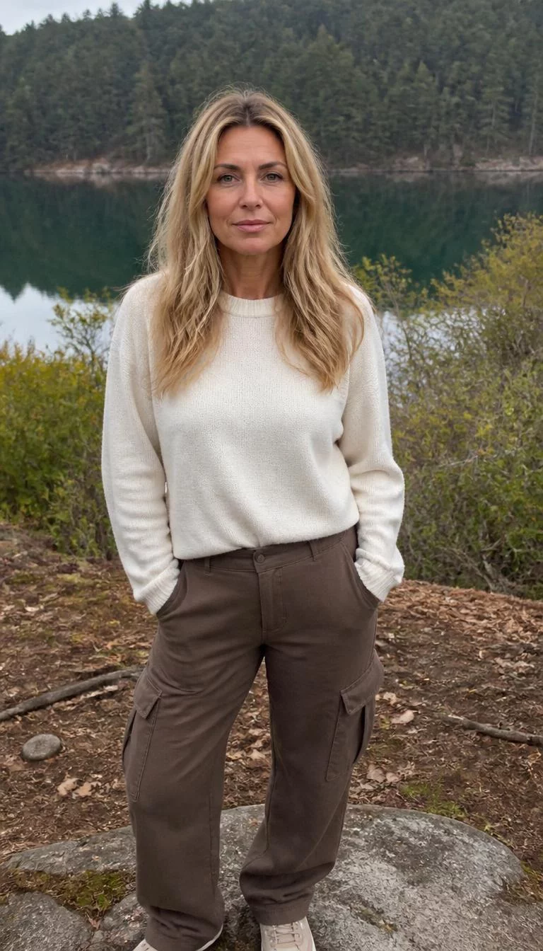 Cream Soft Sweater And Brown Cargo Pants A photorealistic full body shot of a 47-year-old Southern European woman with a square face, olive, rounded nose, straight eyebrows, and full lips. Her face features slightly crooked smile, faint under-eye shadows, and subtle natural facial asymmetry. She has deep-set green eyes, pronounced cheekbones, neutral expression, relaxed. She is average build with blonde long, highlighted hair in a messy, natural wavy style and is wearing a cream-colored soft sweater and brown cargo pants, outdoors near a wooded lake, no people in the background, high-quality mobile photography, shot on an iPhone 14.