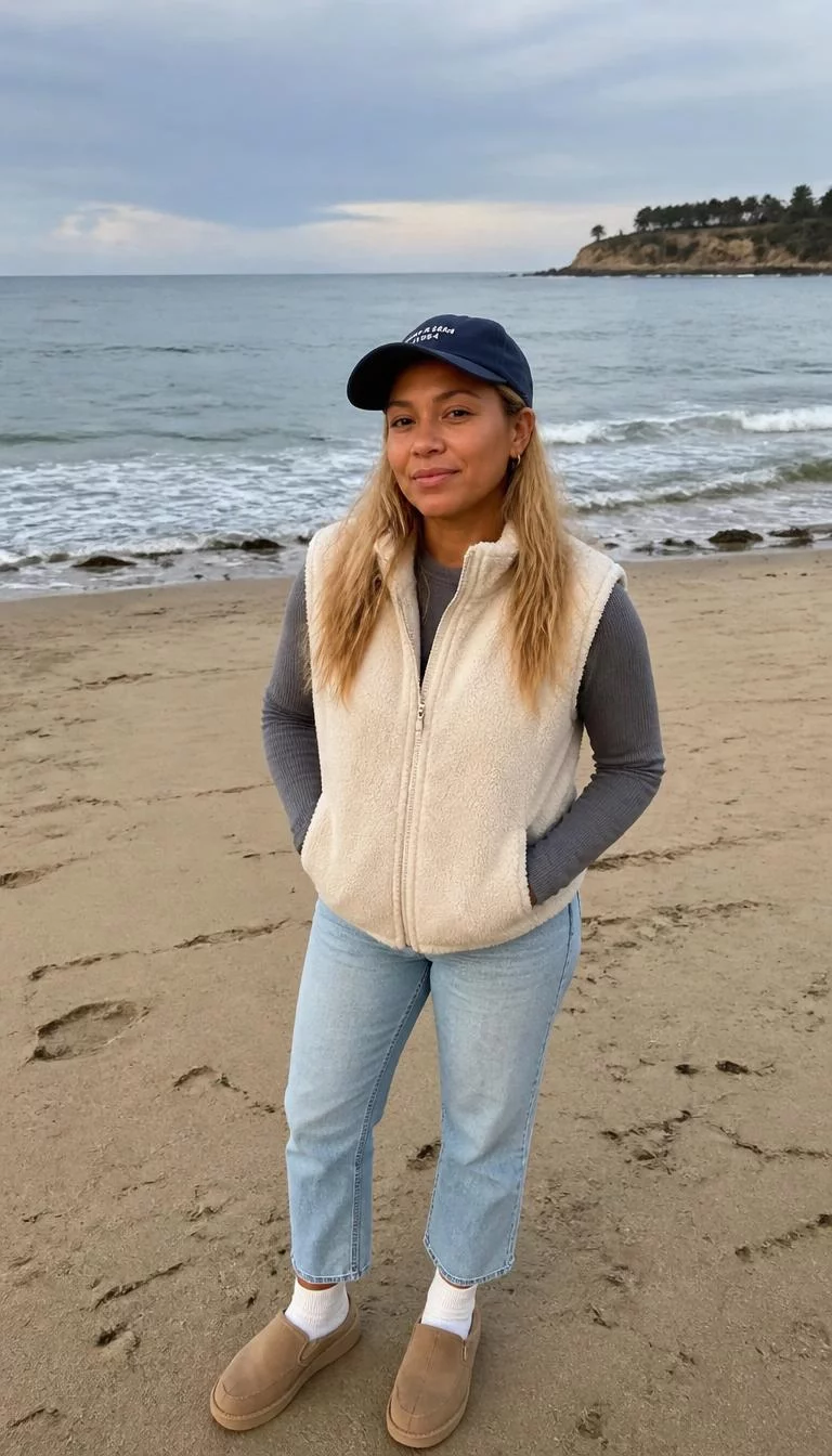 Gray Ribbed Long Sleeve And Cream Fleece Vest A photorealistic full body shot of a 42-year-old Mixed-race woman with a pear-shaped face, deep brown, straight nose, thin arched eyebrows, and wide lips. Her face features uneven eyebrows, a few laugh lines, and subtle natural facial asymmetry. She has downturned gray eyes, rounded cheeks, subtle smile, thoughtful. She is petite with long blonde hair and is wearing a navy baseball cap, gray ribbed long-sleeved shirt, cream fleece vest, light jeans, white socks, and brown slip-on shoes, on a beach, no people in the background, high-quality mobile photography, shot on an iPhone 14.
