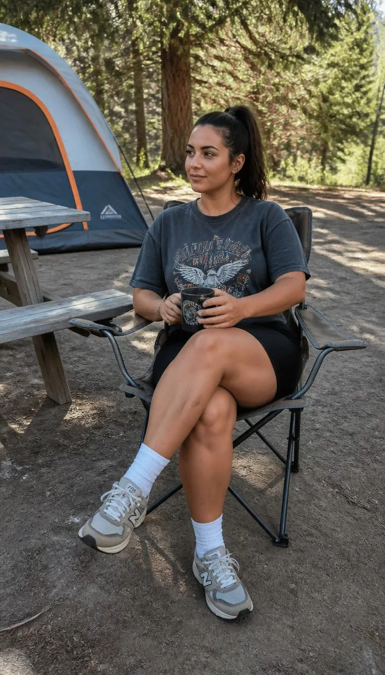 Dark Grey Graphic T-Shirt And Black Bike Shorts A photorealistic full body shot of a 29-year-old Mediterranean woman with a round face, deep brown, narrow nose, softly curved eyebrows, and heart-shaped lips. Her face features faint freckles across the nose, light freckles, and subtle natural facial asymmetry. She has downturned green eyes, soft cheekbones, subtle smile, thoughtful. She is average build with hair in a high-ponytail and is wearing a dark grey vintage-style graphic eagle t-shirt, black bike shorts, white socks, and chunky grey athletic sneakers, resting at a campsite, no people in the background, high-quality mobile photography, shot on an iPhone 14.