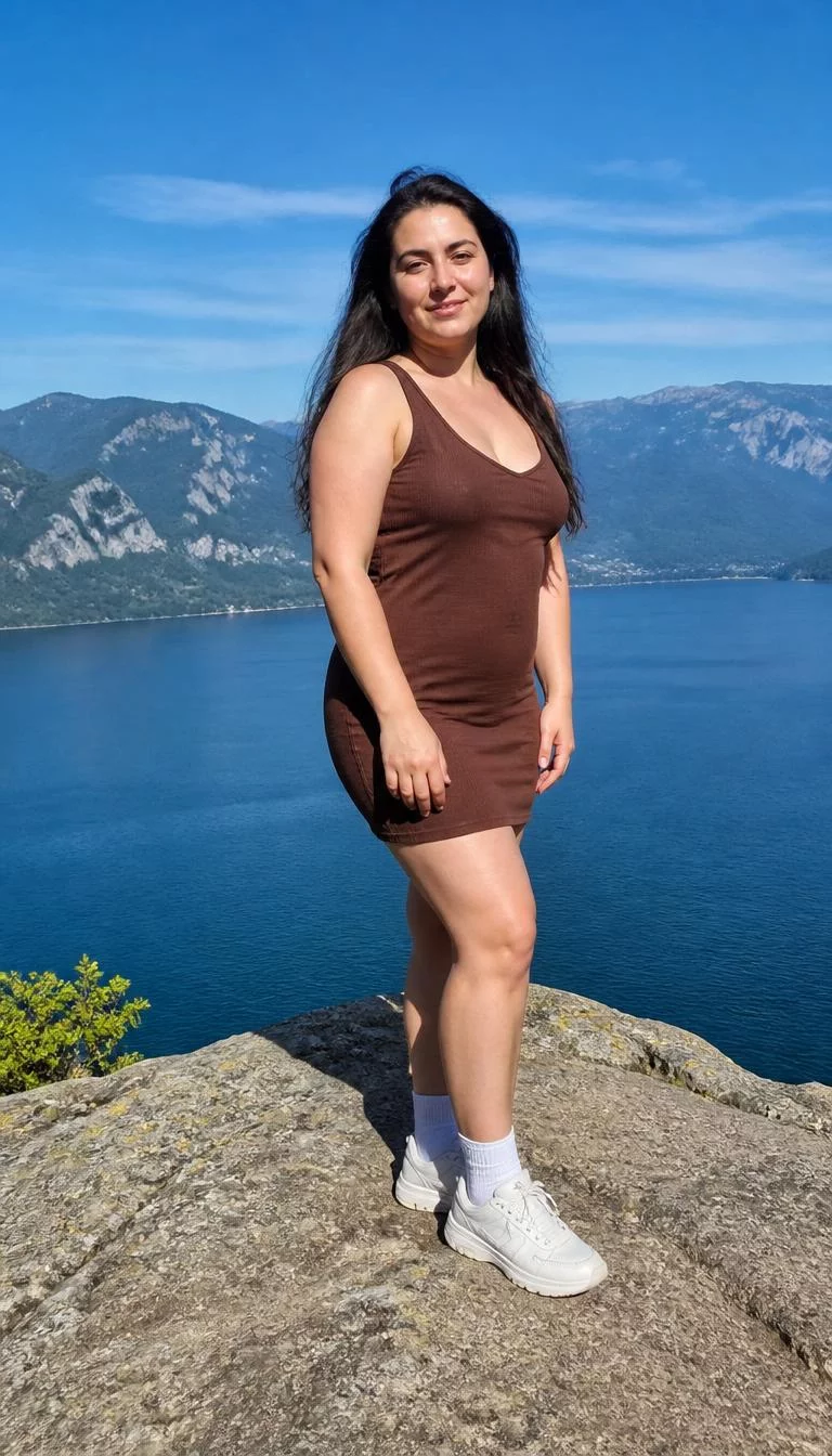 Brown Sleeveless Mini Dress With White Sneakers A photorealistic full body shot of a 39-year-old Southern European woman with a round face, fair, rounded nose, feathered eyebrows, and full lips. Her face features widow's peak hairline, subtle acne marks, and subtle natural facial asymmetry. She has deep-set amber eyes, rounded cheeks, closed-mouth smile, confident. She is average build with long dark hair and is wearing a simple brown sleeveless mini dress with white socks and white sneakers, on a large rock overlooking a scenic blue lake, no people in the background, high-quality mobile photography, shot on an iPhone 14.