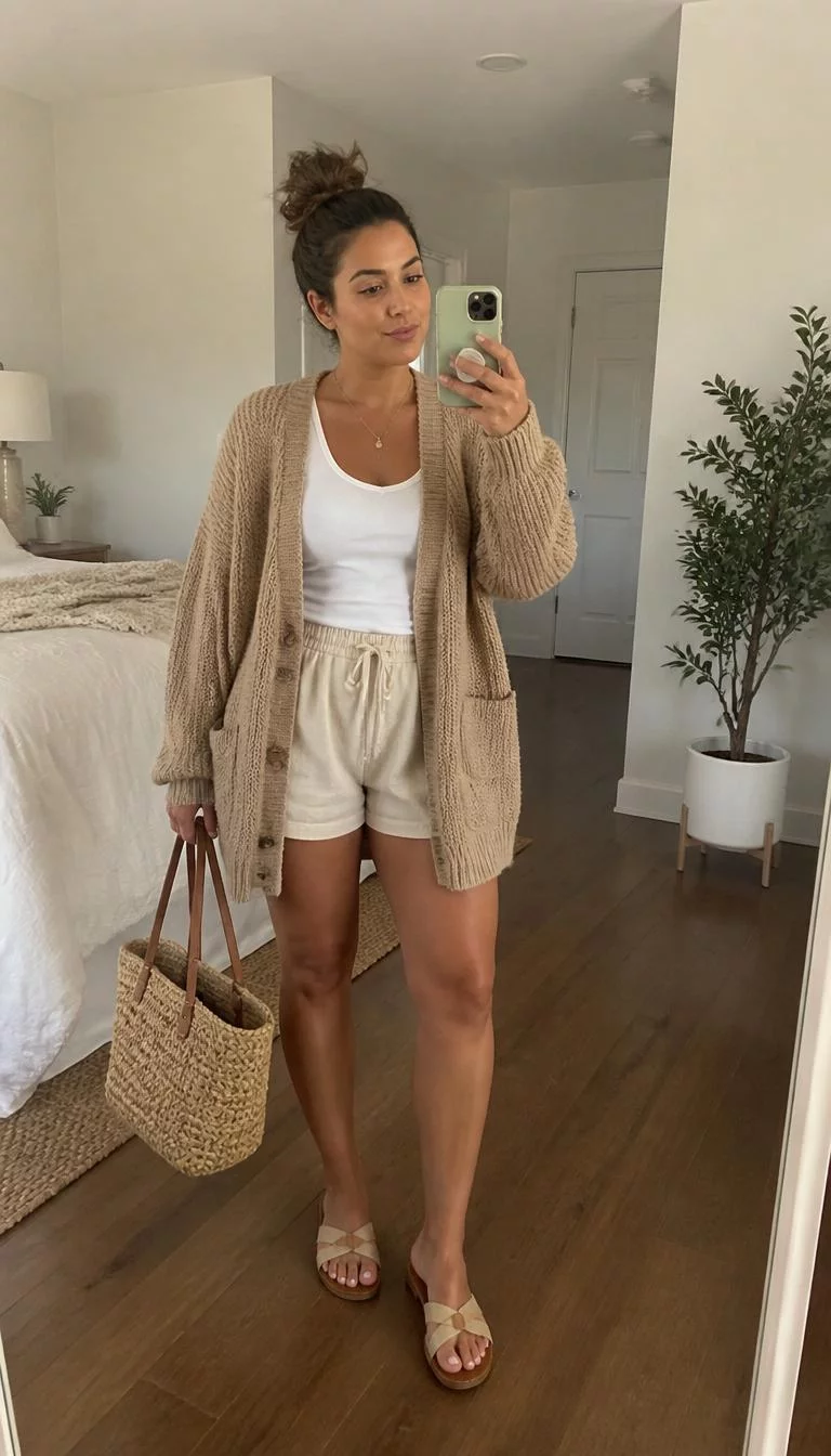 Thick Tan Cardigan And Beige Shorts A photorealistic full body shot of a 32-year-old Middle Eastern woman with a round face, olive, button nose, thick natural eyebrows, and full lips. Her face features widow's peak hairline, subtle acne marks, and subtle natural facial asymmetry. She has hooded amber eyes, soft cheekbones, neutral expression, cheerful. She is athletic build with highlighted hair in a messy bun and is wearing a thick tan cardigan over a white tank top and beige shorts, she holds a straw bag, in a bright bedroom, no people in the background, high-quality mobile photography, shot on an iPhone 14.