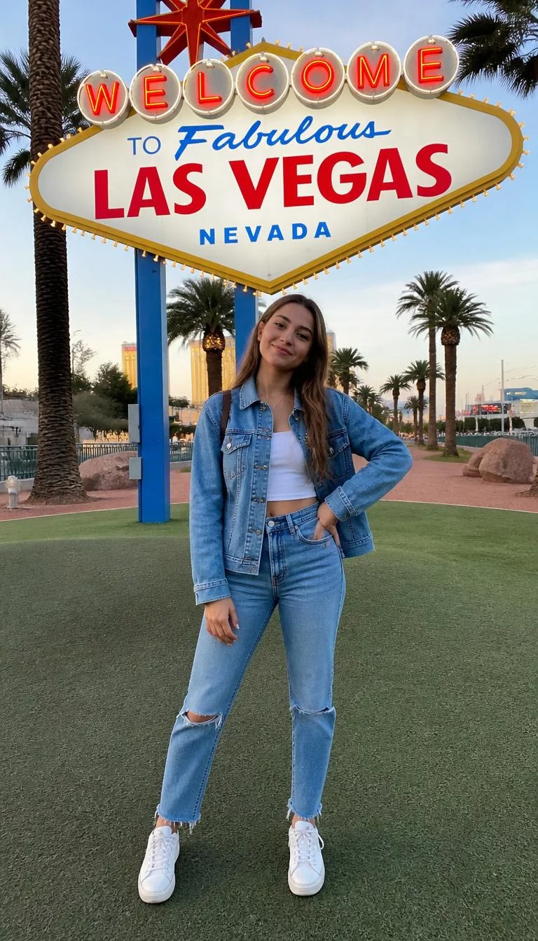 Denim Jackets And Casual Jeans A photorealistic full body shot of a 25-year-old Eastern European woman with a oval face, light, rounded nose, feathered eyebrows, and full lips. Her face features beauty mark near the lip, visible pores, and subtle natural facial asymmetry. She has downturned gray eyes, rounded cheeks, broad smile, playful. She is athletic build with brown hair and is wearing a blue denim jacket and blue jeans, in front of the Welcome to Fabulous Las Vegas sign, everyday social media post aesthetic, high-quality mobile photography, shot on an iPhone 14.
