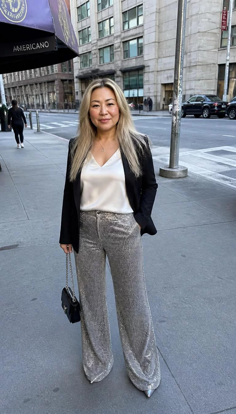 Rhinestone Encrusted Luxury Trousers A photorealistic full body shot of a 48-year-old Latina woman with a round face, olive, rounded nose, feathered eyebrows, and heart-shaped lips. Her face features uneven eyebrows, slightly flushed cheeks, and subtle natural facial asymmetry. She has monolid blue eyes, high cheekbones, closed-mouth smile, relaxed. She is petite with blonde long straight hair and is wearing a white silky top, a black blazer, and rhinestone-encrusted silver wide-leg trousers, while standing on a city sidewalk, everyday social media post aesthetic, high-quality mobile photography, shot on an iPhone 14.