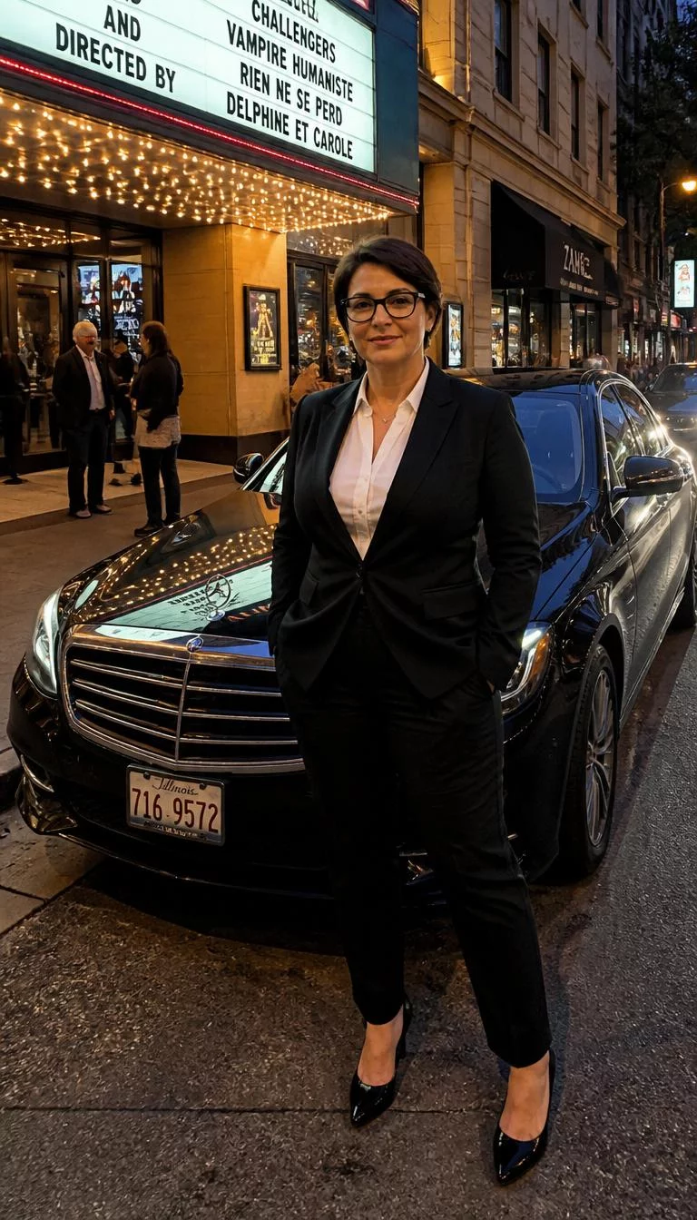 Black Suit And Classic Spectacles A photorealistic full body shot of a 49-year-old Northern European woman with a round face, fair, aquiline nose, thin arched eyebrows, and full lips. Her face features faint freckles across the nose, faint under-eye shadows, and subtle natural facial asymmetry. She has upturned brown eyes, pronounced cheekbones, neutral expression, cheerful. She is curvy build with dark short hair and is wearing a black tailored suit, white dress shirt, and black rimmed glasses, stands by a black Mercedes-Benz S-Class near a movie theater marquee in an urban evening setting, everyday social media post aesthetic, high-quality mobile photography, shot on an iPhone 14.