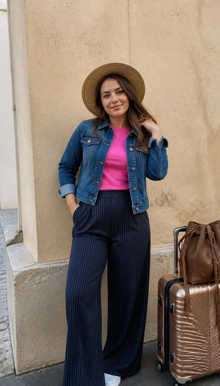 Pinstriped Wide Leg Trousers And Straw Hat A photorealistic full body shot of a 25-year-old Eastern European woman with a round face, golden brown, straight nose, straight eyebrows, and full lips. Her face features beauty mark near the lip, light freckles, and subtle natural facial asymmetry. She has round green eyes, rounded cheeks, broad smile, playful. She is average build with long brown hair and is wearing a pink t-shirt, a blue denim jacket, and pinstriped navy wide-leg trousers with a tan straw hat and luggage near a wall, everyday social media post aesthetic, high-quality mobile photography, shot on an iPhone 14.