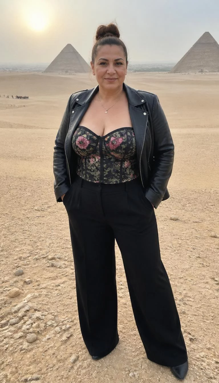 Leather Jacket And Floral Corset Top A photorealistic full body shot of a 47-year-old Middle Eastern woman with a round face, tan, broad nose, softly curved eyebrows, and thin lips. Her face features uneven eyebrows, visible pores, and subtle natural facial asymmetry. She has almond-shaped gray eyes, high cheekbones, closed-mouth smile, confident. She is average build with brown hair in a high bun and is wearing a black leather jacket over a floral print corset top and black trousers, against a desert backdrop, everyday social media post aesthetic, high-quality mobile photography, shot on an iPhone 14.