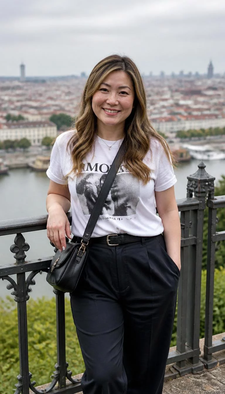 Graphic T-Shirt And Dark Trousers A photorealistic full body shot of a 38-year-old East Asian woman with a oblong face, light, button nose, feathered eyebrows, and full lips. Her face features faint freckles across the nose, subtle acne marks, and subtle natural facial asymmetry. She has almond-shaped gray eyes, rounded cheeks, broad smile, cheerful. She is curvy build with blonde-highlighted light brown wavy hair and is wearing a white graphic t-shirt, dark trousers, and a black leather crossbody bag, near a decorative metal railing, everyday social media post aesthetic, high-quality mobile photography, shot on an iPhone 14.