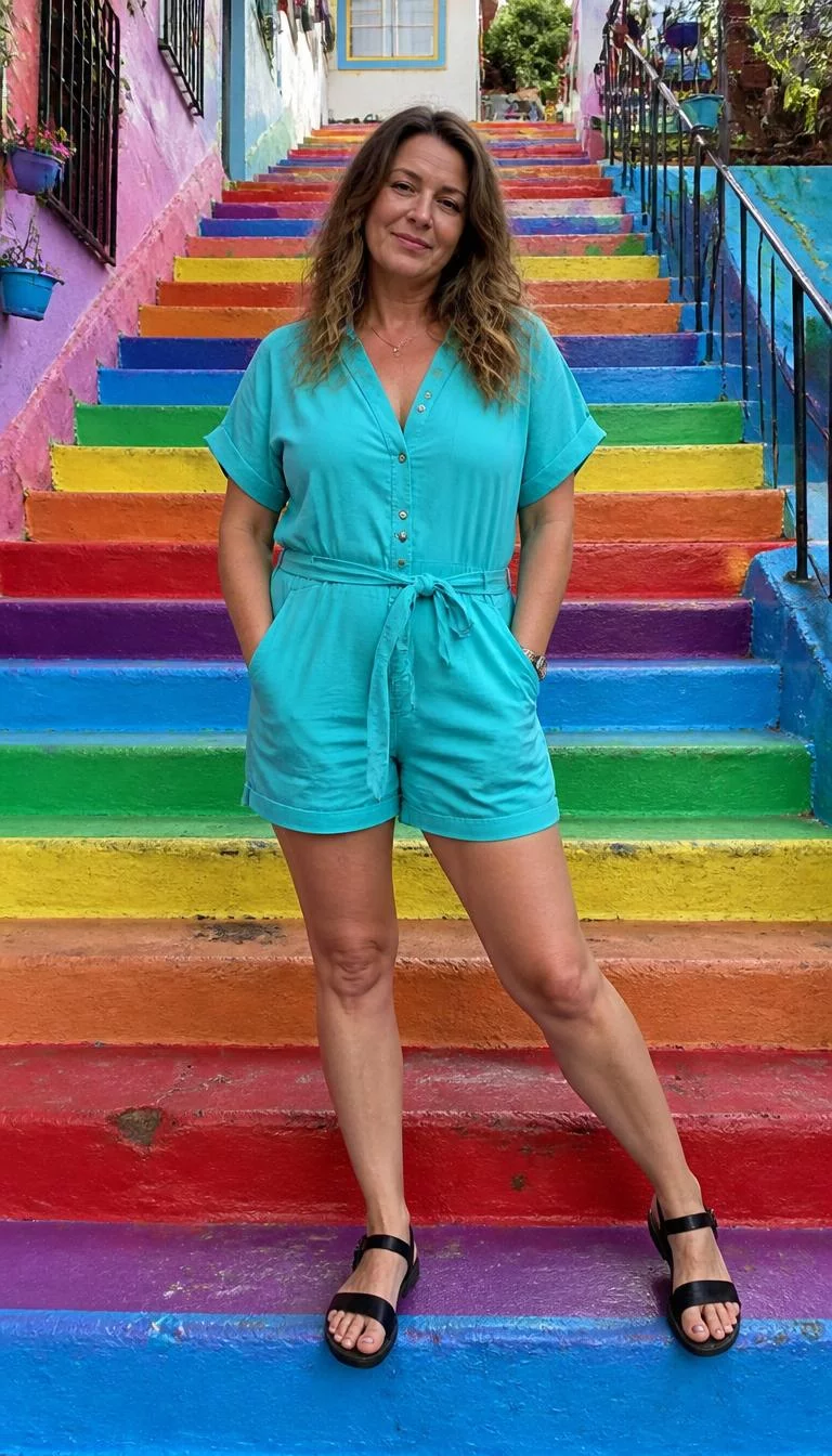 Turquoise Button Up Romper And Sandals A photorealistic full body shot of a 47-year-old Northern European woman with a round face, dark brown, narrow nose, softly curved eyebrows, and wide lips. Her face features small scar on the eyebrow, slightly flushed cheeks, and subtle natural facial asymmetry. She has hooded brown eyes, rounded cheeks, neutral expression, playful. She is average build with highlighted brown hair and is wearing a turquoise button-up romper with black sandals, on a colorful rainbow-painted staircase, everyday social media post aesthetic, high-quality mobile photography, shot on an iPhone 14.
