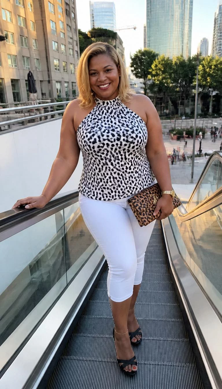 Spotted Halter Top And Cropped White Jeans A photorealistic full body shot of a 36-year-old Black African woman with a square face, light, narrow nose, feathered eyebrows, and heart-shaped lips. Her face features widow's peak hairline, subtle acne marks, and subtle natural facial asymmetry. She has upturned amber eyes, soft cheekbones, broad smile, cheerful. She is curvy build with blonde shoulder-length hair and is wearing a spotted halter top, cropped white jeans, and a leopard print clutch, on an outdoor escalator with city buildings, everyday social media post aesthetic, high-quality mobile photography, shot on an iPhone 14.