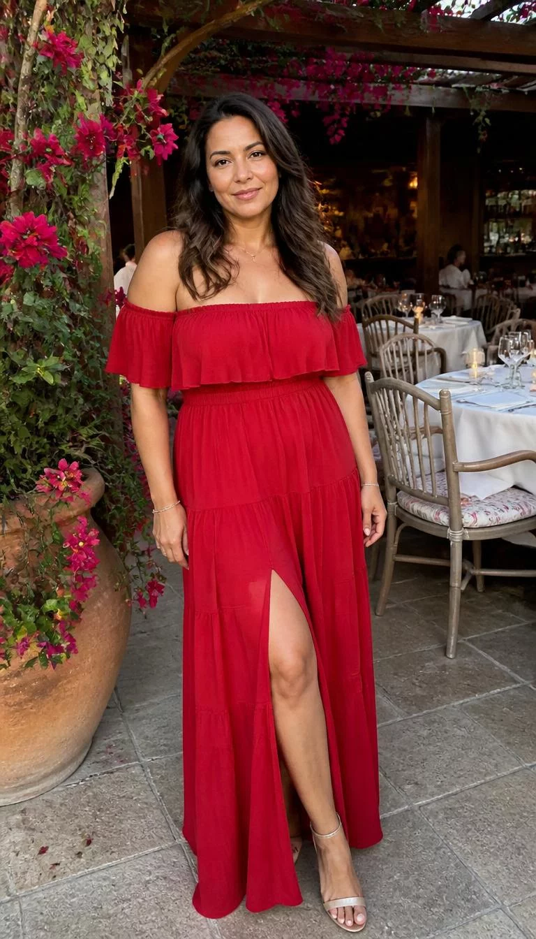 Red Tiered Off The Shoulder Gown A photorealistic full body shot of a 44-year-old Latina woman with a round face, light, button nose, thin arched eyebrows, and wide lips. Her face features beauty mark near the lip, light freckles, and subtle natural facial asymmetry. She has upturned hazel eyes, pronounced cheekbones, closed-mouth smile, relaxed. She is average build with long brown wavy hair and is wearing a red tiered off-the-shoulder gown with a high slit, at an outdoor dining establishment with flowers and tables, everyday social media post aesthetic, high-quality mobile photography, shot on an iPhone 14.