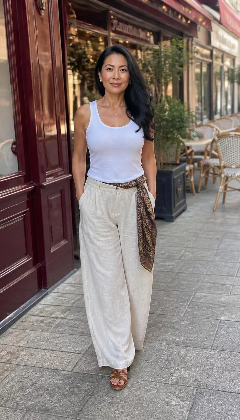 Cream Linen Trousers And Tied Scarf Waistband A photorealistic full body shot of a 47-year-old Southeast Asian woman with a pear-shaped face, tan, aquiline nose, straight eyebrows, and wide lips. Her face features faint freckles across the nose, a few laugh lines, and subtle natural facial asymmetry. She has almond-shaped hazel eyes, soft cheekbones, closed-mouth smile, confident. She is curvy build with black long hair and is wearing a white tank top, cream linen trousers, and a brown silk scarf tied at the waist, European sidewalk with cafes, no people in the background, high-quality mobile photography, shot on an iPhone 14.