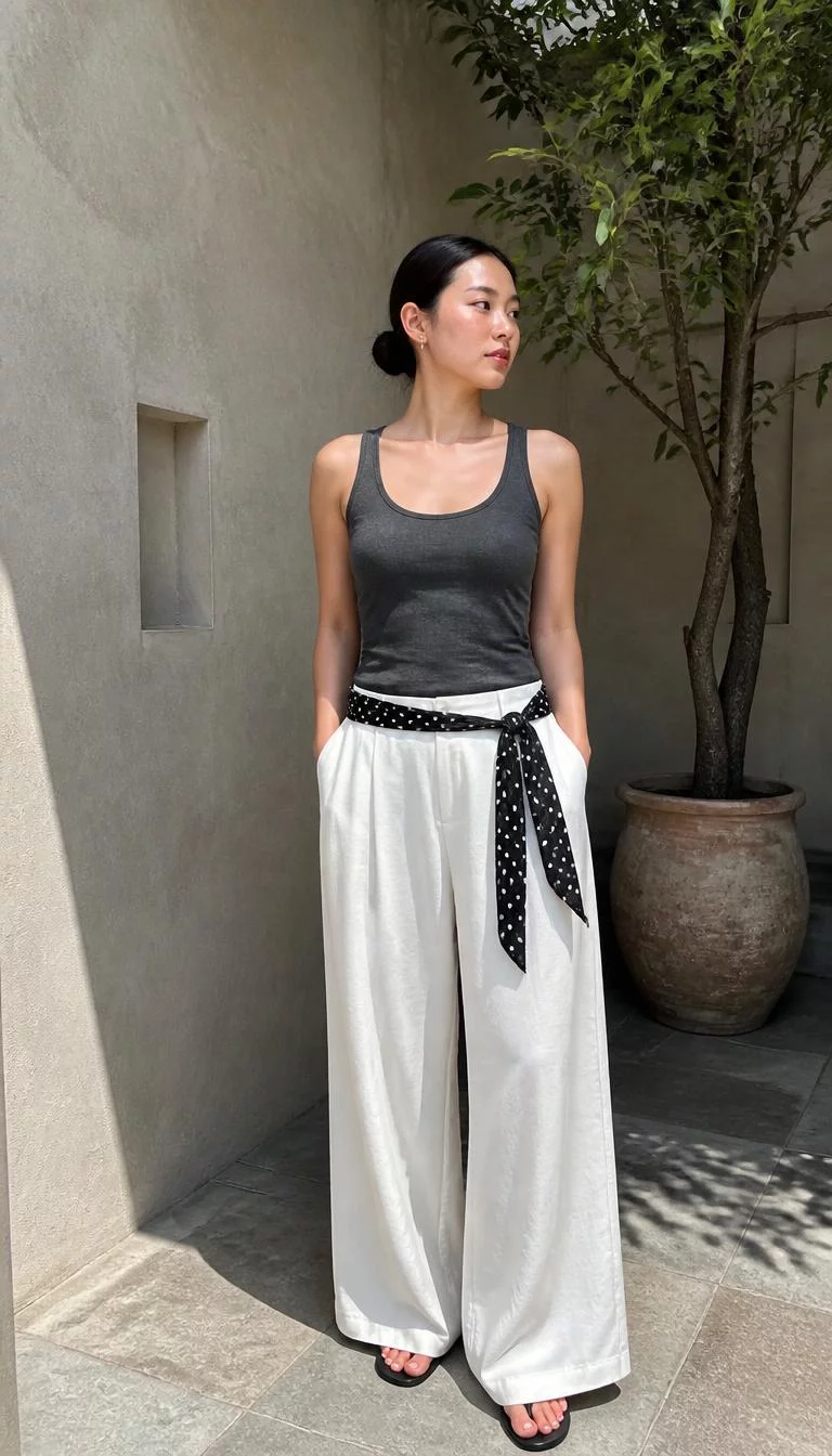 Charcoal Grey Tank And Polka Dot Waist Accessory A photorealistic full body shot of a 26-year-old East Asian woman with a oval face, golden brown, rounded nose, thick natural eyebrows, and thin lips. Her face features beauty mark near the lip, visible pores, and subtle natural facial asymmetry. She has deep-set dark brown eyes, high cheekbones, broad smile, thoughtful. She is curvy build with brown sleek low bun hair and is wearing a charcoal grey tank top, white wide-leg trousers, and a polka-dot scarf tied at the waist, posing outdoors, no people in the background, high-quality mobile photography, shot on an iPhone 14.
