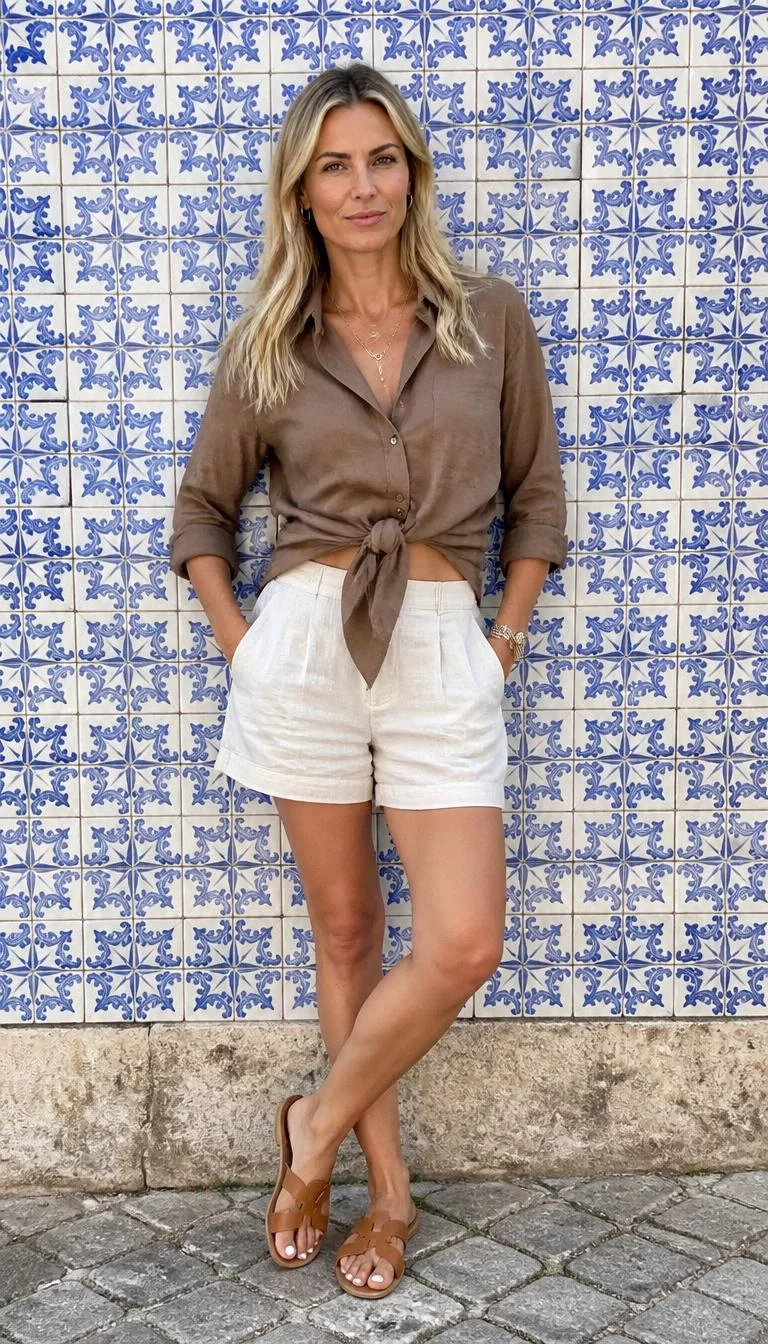 Brown Linen Shirt And Cream Shorts A photorealistic full body shot of a 46-year-old Eastern European woman with a diamond face, olive, narrow nose, feathered eyebrows, and heart-shaped lips. Her face features small scar on the eyebrow, visible pores, and subtle natural facial asymmetry. She has upturned green eyes, pronounced cheekbones, closed-mouth smile, confident. She is petite with blonde long hair and is wearing a brown linen shirt tied at the waist and cream shorts, blue-and-white tiled wall, no people in the background, high-quality mobile photography, shot on an iPhone 14.