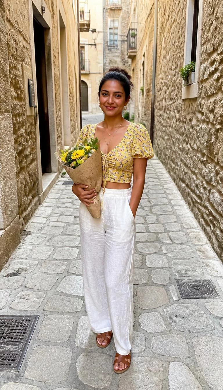 Yellow Floral Crop Top And White Linen Trousers A photorealistic full body shot of a 28-year-old South Asian woman with a oval face, olive, button nose, thick natural eyebrows, and thin lips. Her face features widow's peak hairline, slightly flushed cheeks, and subtle natural facial asymmetry. She has almond-shaped brown eyes, high cheekbones, broad smile, thoughtful. She is average build with brown hair in a messy bun and is wearing a yellow floral crop top, loose white linen trousers, and flat leather sandals, she holds a flower bouquet, quaint stone European village alley, no people in the background, high-quality mobile photography, shot on an iPhone 14.