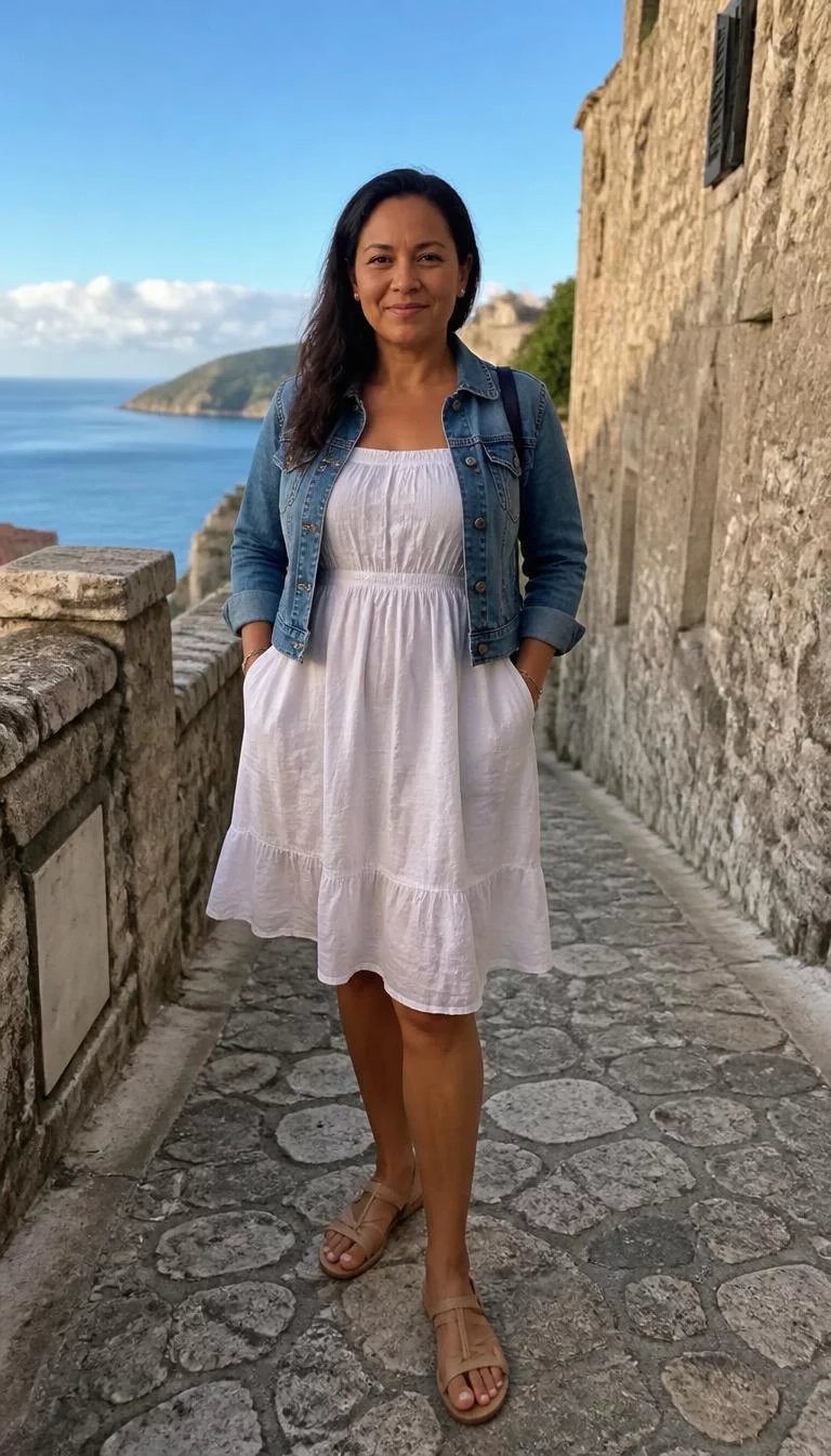 White Sundresses And Denim For Coastal Explorations A photorealistic full body shot of a 46-year-old Mixed-race woman with a pear-shaped face, light, broad nose, straight eyebrows, and full lips. Her face features slightly crooked smile, a few laugh lines, and subtle natural facial asymmetry. She has hooded brown eyes, soft cheekbones, closed-mouth smile, playful. She is athletic build with dark hair and is wearing a white cotton sundress and blue denim jacket, coastal views and historic stone city streets, no people in the background, high-quality mobile photography, shot on an iPhone 14.