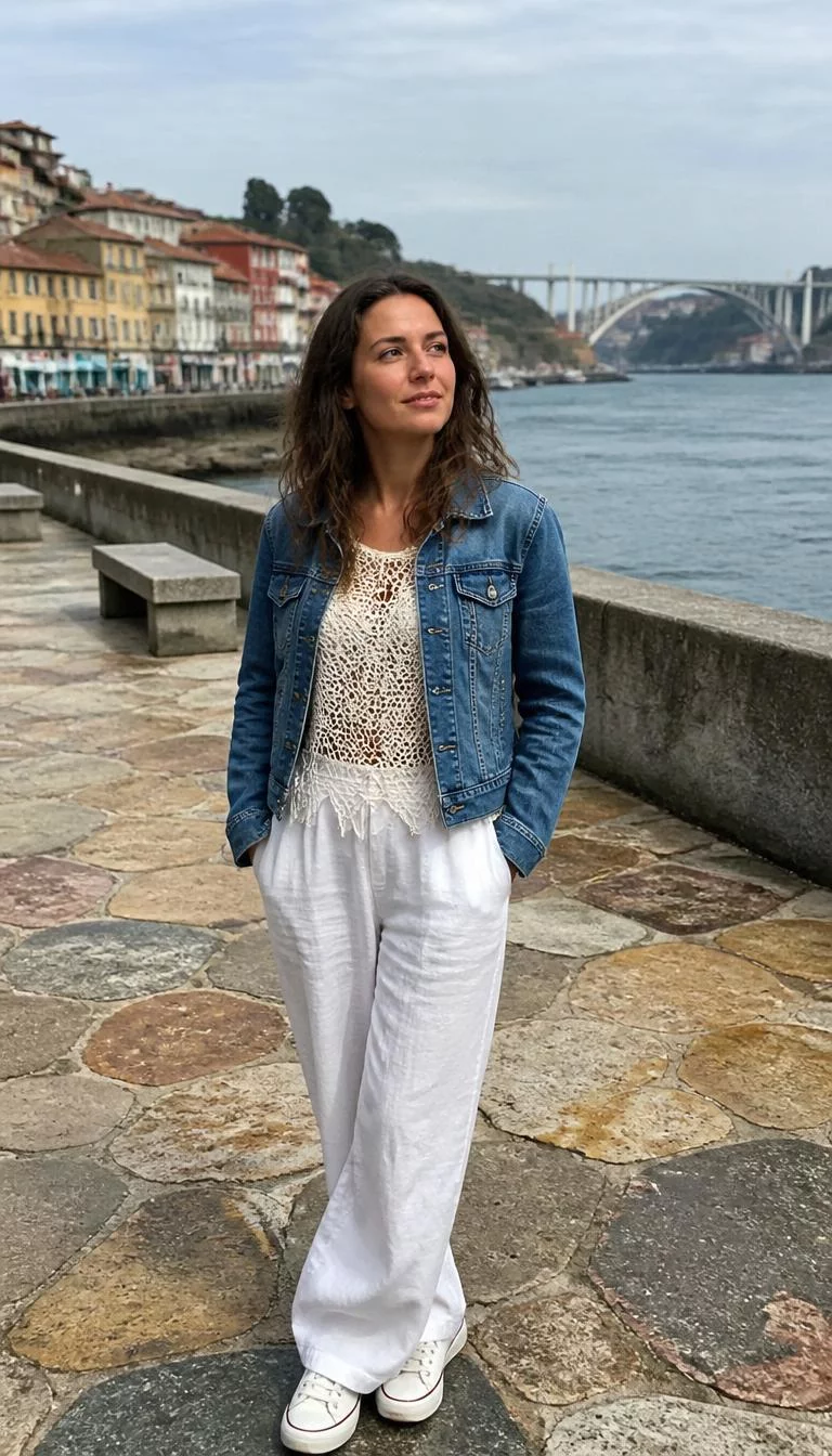 Coastal Summer Favorites In Porto A photorealistic full body shot of a 38-year-old Eastern European woman with a square face, light, straight nose, thin arched eyebrows, and thin lips. Her face features gap between front teeth, subtle acne marks, and subtle natural facial asymmetry. She has almond-shaped green eyes, pronounced cheekbones, broad smile, thoughtful. She is petite with brown wavy hair and is wearing a white linen pants, a crochet top, and denim jacket, colorful stone paved streets and coastal areas in Porto, no people in the background, high-quality mobile photography, shot on an iPhone 14.