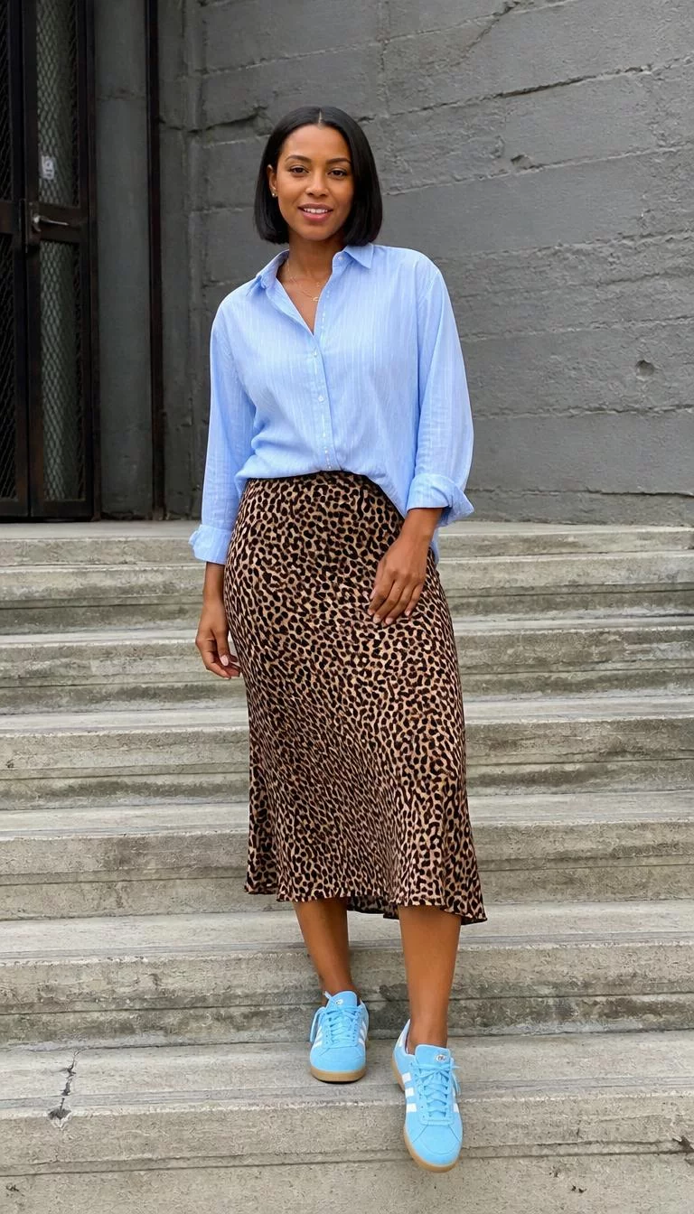 Blue Button Down And Leopard Print Midi Skirt A photorealistic full body shot of a 37-year-old Afro-Caribbean woman with a oblong face, olive, broad nose, thick natural eyebrows, and thin lips. Her face features gap between front teeth, subtle acne marks, and subtle natural facial asymmetry. She has almond-shaped green eyes, high cheekbones, subtle smile, relaxed. She is athletic build with black blunt bob hair and is wearing a light blue button-down shirt, a leopard print midi skirt, and light blue Adidas sneakers, standing on concrete steps, no people in the background, high-quality mobile photography, shot on an iPhone 14.